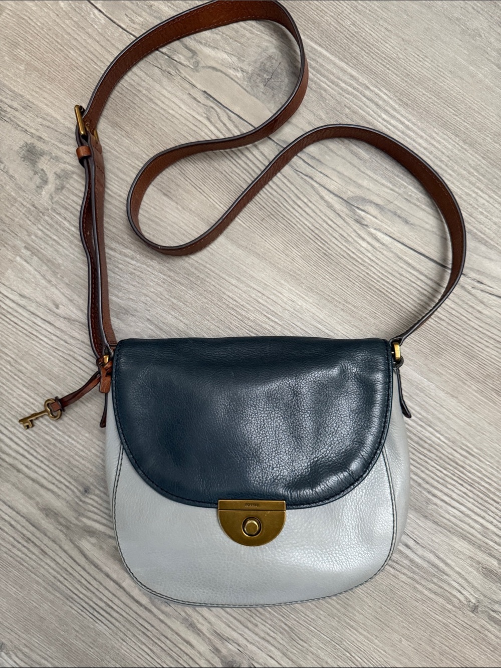 Fossil Emi Two-Tone Leather Crossbody Bag - Black & Light Gray with Brown Strap